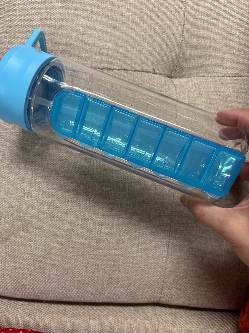 Mars Wellness 24oz Pill Holder Water Bottle - Blue & Clear bottle with straw.